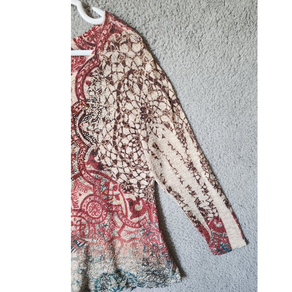 Reba Top Women XL Red Multi Paisley Rhinestone Asymmetrical Hem Long Sleeve - Picture 5 of 13